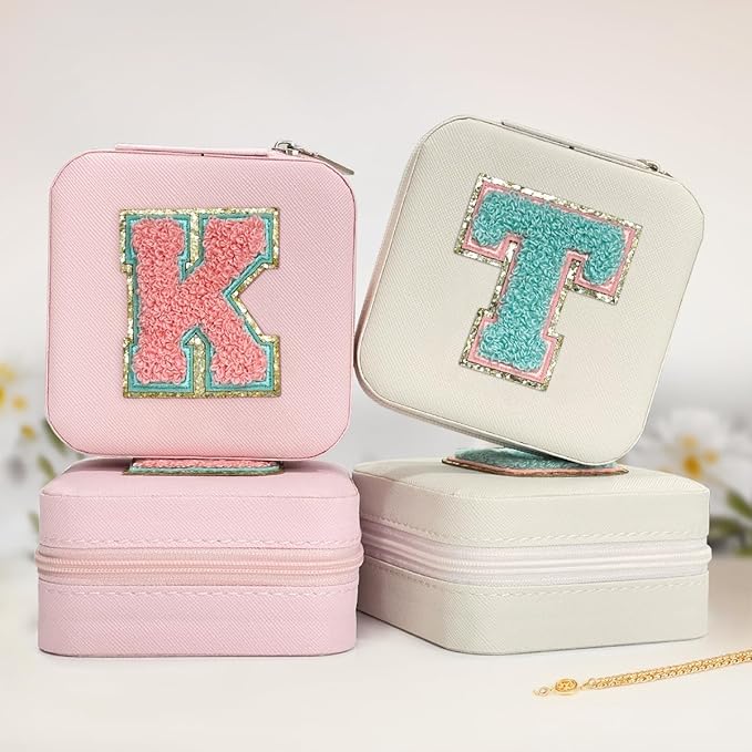 SANDJEST Personalized Jewelry Box, Pink Travel Jewelry Box with Initial K, Small Monogrammed Jewelry Case Organizer for Girls Women Teen Kids, Mini Travel Essentials Gifts for Birthday Christmas