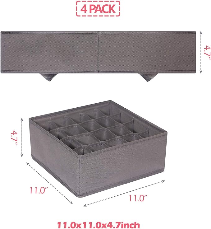 DIOMMELL 4 Pack Foldable Cloth Storage Box Closet Dresser Drawer Organizer Fabric Baskets Bins Containers Divider for Clothes Underwear Socks Lingerie Clothing, M Grey 40-0000