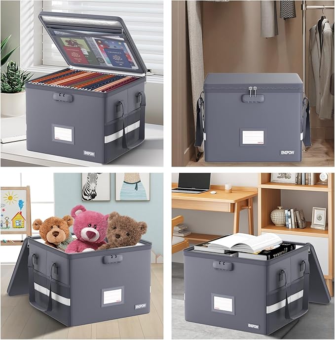 ENGPOW 5200°F File Box Fireproof Document Box with Lock, Heat Insulated Collapsible File Storage Organizer Box with Handle, Portable Home Office File Cabinet for Hanging Letter/Legal Size Folder, Gray