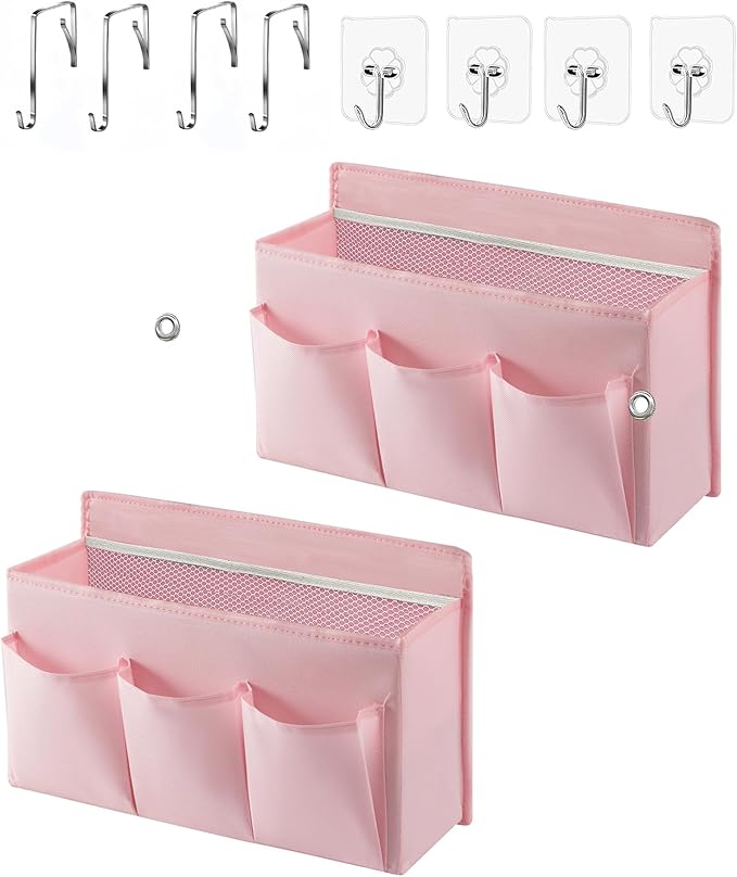 2-Pack Hanging Storage Baskets - Wall Organizer with 3 Pockets for Home/Dorm/Closet/Door, Multi-Purpose Space Saver for Office/Bathroom/Nursery - Foldable Fabric Organizer (Pink)