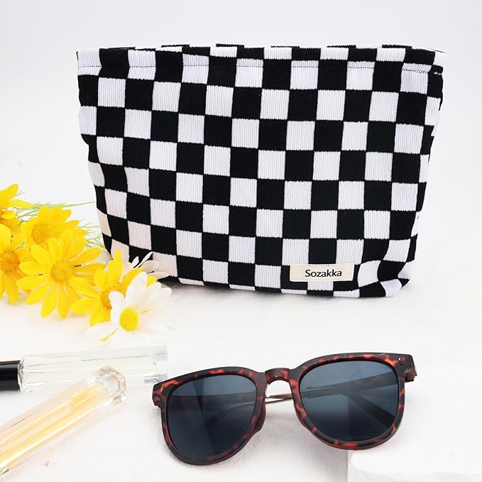 ZLFSRQ Checkered Makeup Bag for Women Large Capacity Black Travel Cosmetic Bag Set Makeup Pouch for Purse Zipper Toiletry Organizer Cute Y2K Aesthetic Trendy Adults Zipper Skincare Storage Organizer