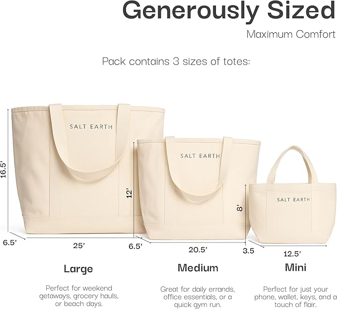 Salt Earth Canvas Tote Bags for Women – Pack of 3 (Large, Medium, Mini), 100% Cotton Multipurpose Unique Reusable Tote Bag Set for Shopping, Work, Travel, Beach, DIY & Christmas Gifts