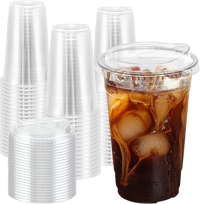 BYSNOW 100 Pack 20 oz Clear Plastic Cups with Lids, Disposable Iced Coffee Cups with Sip Lids, Sturdy Plastic Smoothie Cups for Cold Drinks
