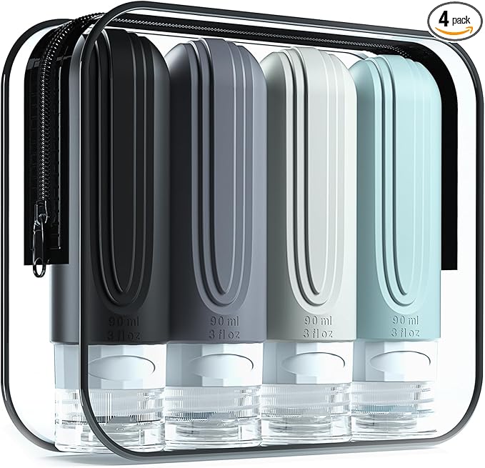 Travel Bottles for Toiletries, Tsa Approved 3oz Travel Size Containers BPA Free Leak Proof Refillable Liquid Silicone Squeezable Travel Accessories for Shampoo Conditioner Lotion (4 Pack)