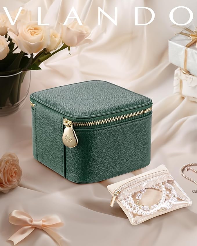 Vlando Gifts for Teachers,Travel Jewelry Box with 6 Velvet Jewelry Zipper Pockets Jewelry Case Premium Petal Hardware Travel Jewelry Organizer Graduation Gifts (Green)