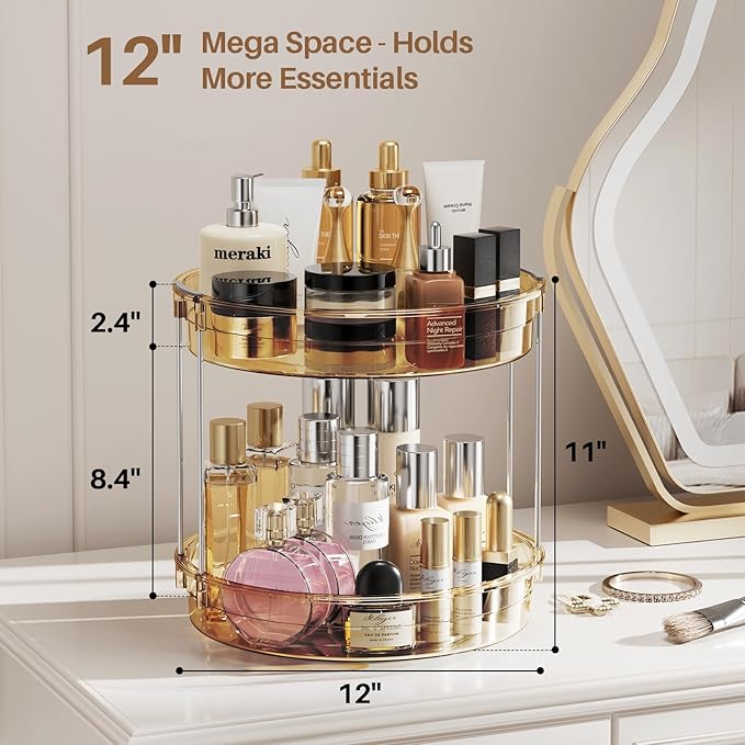LAMU 2 Pack 2-Tier Lazy Susan Turntable Organizer 12'' Rotating Spice Rack Organization for Cabinet, Kitchen, Pantry, Countertop, Bathroom, Vanity, Medicine Cabinet Organizer, Amber