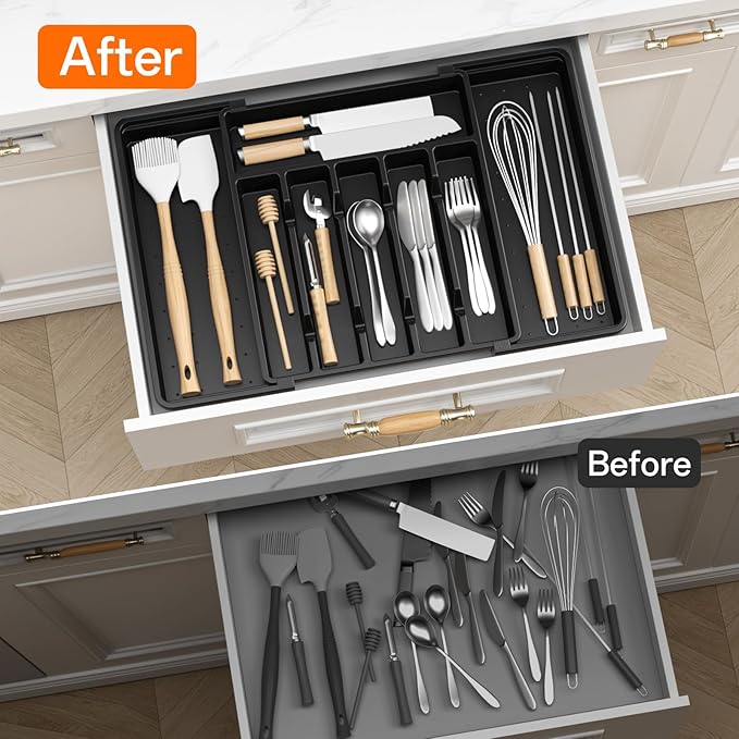 RoomHacks Large Silverware Organizer,Expandable Utensil Drawer Organizer,BPA Free Utensil Holder,Adjustable Silverware Tray Cutlery Drawer Organizer for Kitchen Flatware,Large,Black,2 Pack
