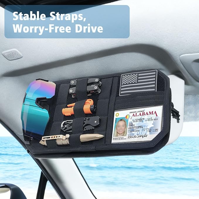 Upgraded Molle Car Sun Visor Organizer, Semi-Rigid MOLLE Panel No Sagging with Zipper Storage Pouch & Glasses Clip, Tactical Gear for Trucks SUVs Cars - Universal Fit