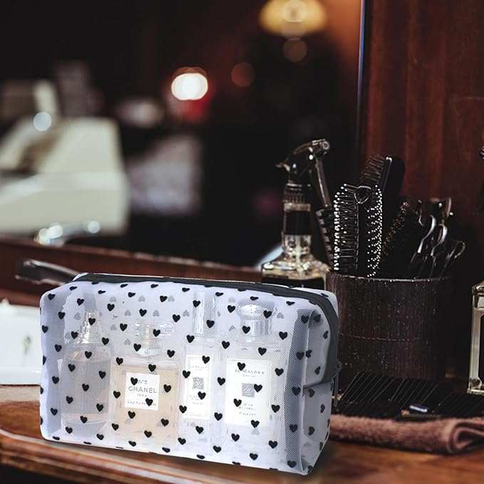 5-Piece Heart Printed Mesh Makeup Bag Set, Portable Travel Cosmetic Toiletry Purse Bags, Zipper Storage Pouches for Home Offices Travel Accessories (White)