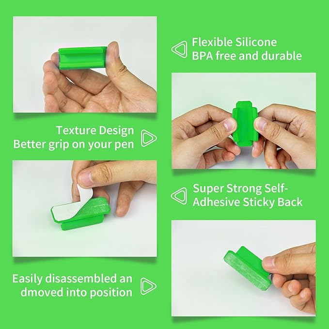 12 Pack Pen Holder for Desk, Silicone Pencil Holder with 12 Extra Adhesive Stickers, Adhesive Pen Holder & Marker Clip for Classroom Office Desk or Any Surface, Teacher Accessories Supplies (Green)