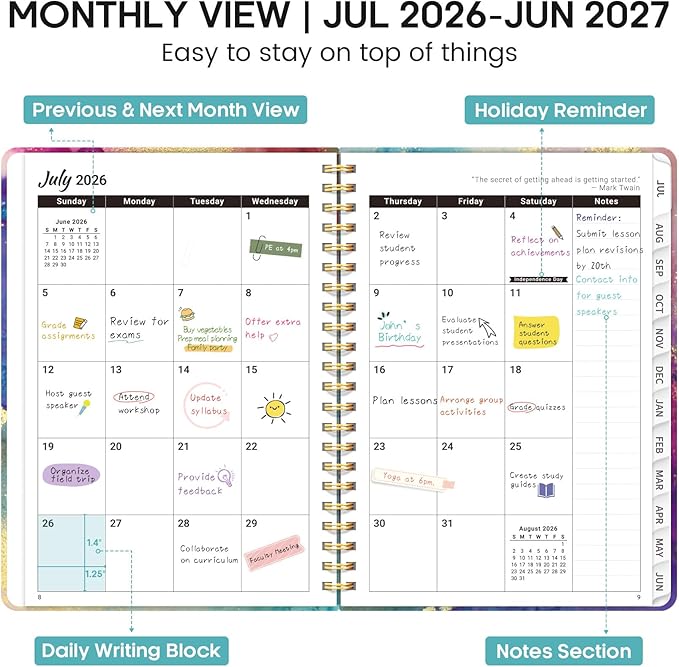 Academic Planner 2026-2027, Weekly and Monthly Calendar Book, July 2026 – June 2027, Hardcover Planner with Tabs, Perfect for Teachers, Students, Women & Men, A5 (6.4" x 8.5") - Gold