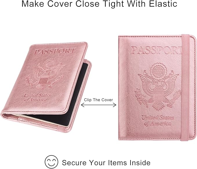 WALNEW Passport Holder for Travel, RFID Passport Cover Wallet for Women Men, PU Leather Passport Book Card Holder Case with Pen (Elastic Band Closure, A-Rosegold)