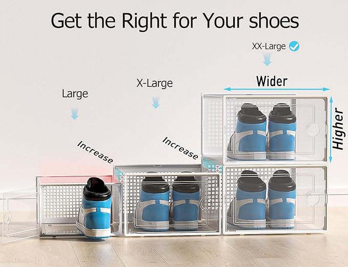 Kuject XX-Large Shoe Storage Boxes Organizers Clear Plastic Stackable 12 Pack, Shoe Rack & Holder Substitute, Sneaker Containers, Shoe Storage Organizer Bins for Closet, Under Bed, White (No Fold Line)