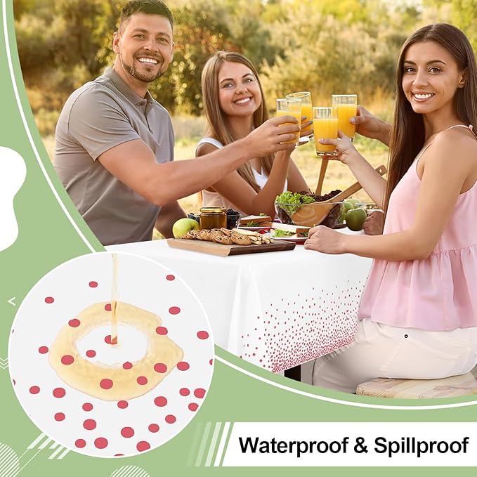 misaya 10 Packs Dot Disposable Table Cloth, 54 x 108 Inch Waterproof Plastic Tablecloth, Rectangle Pink Dots in White Table Covers for Mother's Day, Picnic, Birthday, Party