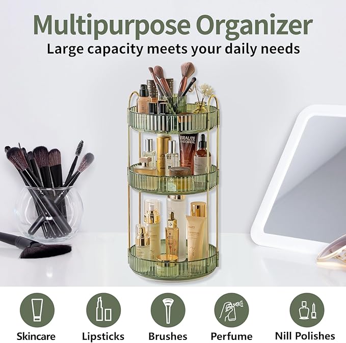 360 Rotating Makeup Organizer, 3-Tier Large Capacity Makeup Organizers and Storage, Skincare Perfume Vanity Organizers, Bathroom Cosmetics Storage Organizer Countertop (Green)
