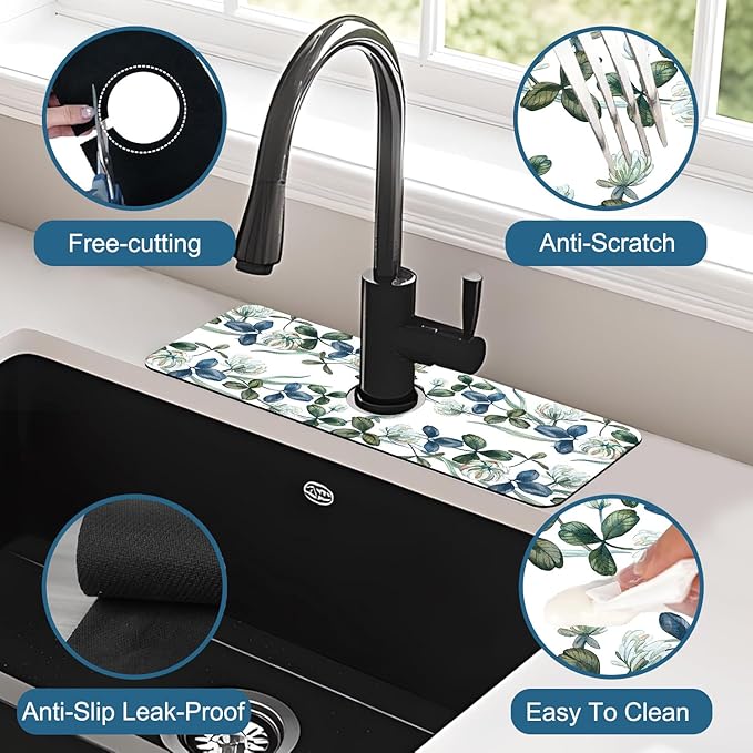 Watercolor Garland Flower Sink Splash Guard Faucet Mat Clover Leaves Super Absorbent Fast Drying Mat Sink Gadgets-Splash Guard Behind Faucet Drip Catcher for Kitchen Bathroom, 15.5"x5.5"