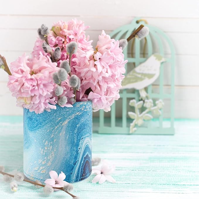 WAVEYU Marble Pen Holder for Desk, Pencil Organizer Office Decor, Large Makeup Brush Holder Pu Leather Multi-Functional Organizer Cup for Office, Home, Classroom, Blue Marble