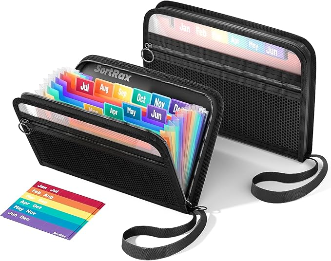 SortRax Small Receipt Coupon Organizer, A6 Size 12 Pockets Accordion File Organizer, 8X5.3 Inches, Zipper Closure - 2 Packs
