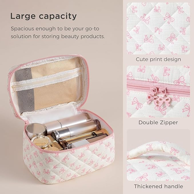 HBselect Quilted Makeup Bag, 3PCS Cotton Large Travel Makeup Bag, Cute Floral Coquette Make up Bag Cosmetic Bag Toiletry Bag for Women Girls