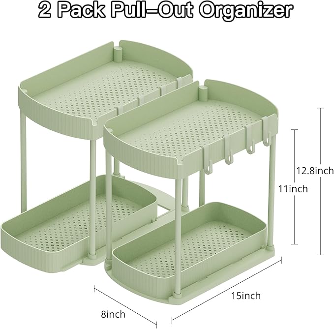 2 Pack Multi-Purpose Pull-Out Storage Organizers, Under Sink Organizers and Storage for Bathroom & Kitchen, Under Cabinet Organizers and storage, 12.8 Inch, Green