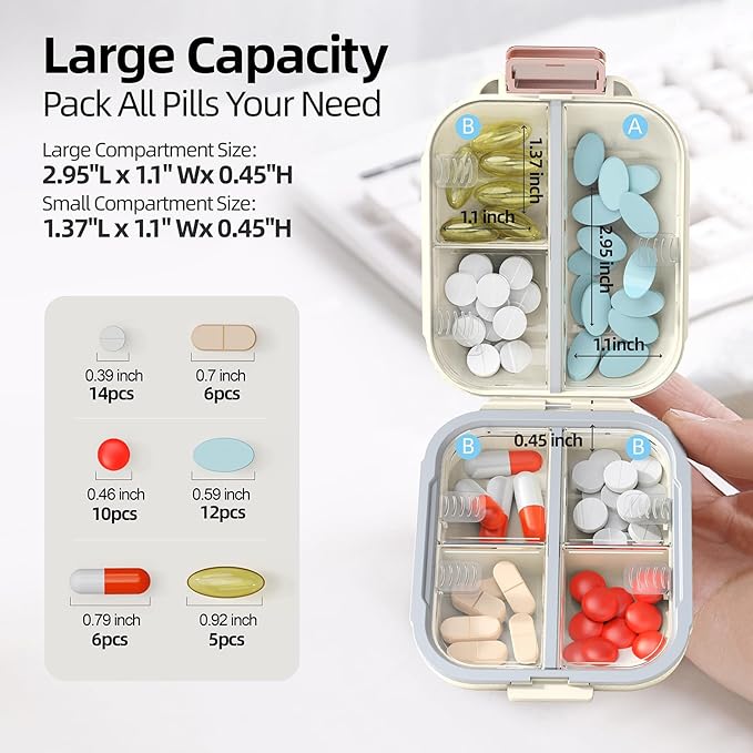 Portable Pill Organizer, Pill Box with 7 Compartments, Small Pill Case for Travel, Daily Medicine Pill Organizer with Air-Tight Lid, BPA-Free Material Pill Container (White)