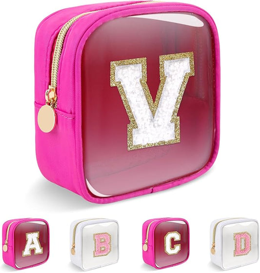 Personalized Initial Letter Clear Preppy Makeup Bag,Mini Nylon Chenille Letter Cosmetic Bag Cute Zipper Pouch Coin Purse for Teen Girls,Portable TSA Approved Travel Essentials Bag Gift for Women,V