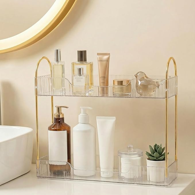 Bathroom Countertop Organizer, 2-Tier Slim Vanity Storage Rack for Bathroom Sink, Narrow Counter Organizer for Toiletries Skincare Perfume with Clear Plastic Trays