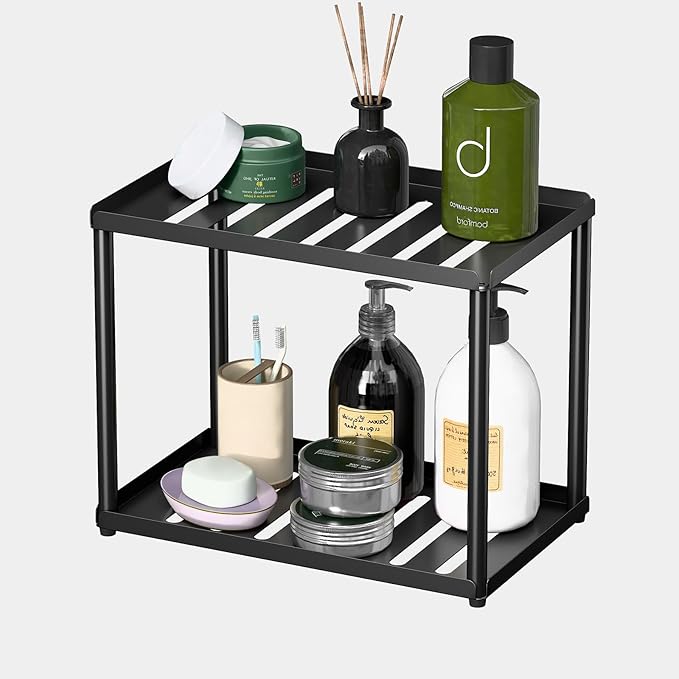 2 Tier Bathroom Counter Organizer, Rectangular Vanity Organizer Shelf, Skincare and Makeup Countertop Storage Rack for Kitchen, Bathroom, Bedroom, Black (Standard Version)