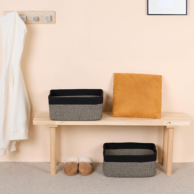 MiniArk Large Storage Baskets for Shelves, Closet Organizer Bins for Clothes, Blanket, Towels, Baby Nursery, Toy Box, Woven Rope Baskets, 17 x 13 x 7.5”, 3 Packs, Woven Brown