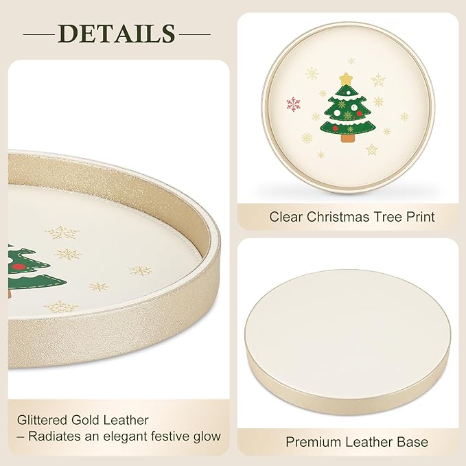 GORESE Christmas Decorative Tray for Coffee Table Decor, 12" Round Leather Christmas Tray for Home Decor, Dining Table Centerpiece, Xtmas Decorations Serving Trays, Gift for Women and Men(Tree)
