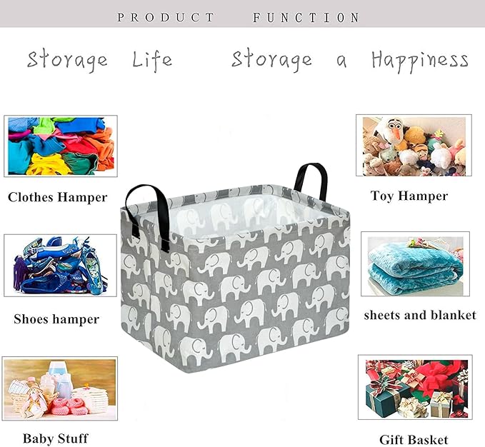 KUNRO Rectang Storage Basket Gift Shelf Basket Storage Bin, Nursery Basket Organizer Box for With Handles for Room Deco (Elephant)