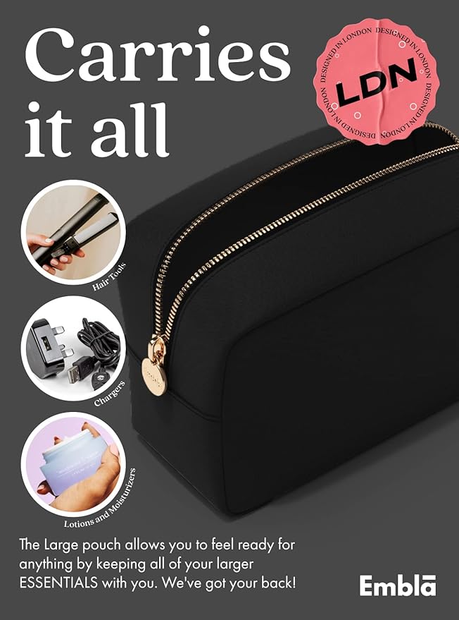 Embla Makeup Bag Travel Cosmetics Pouch and Toiletry Bag, Nylon Zipper Pouch Purse, Cute Make Up Organizer Storage Tote for Women Girls, Waterproof Travel Skincare Case, Large Makeup Bags, Black