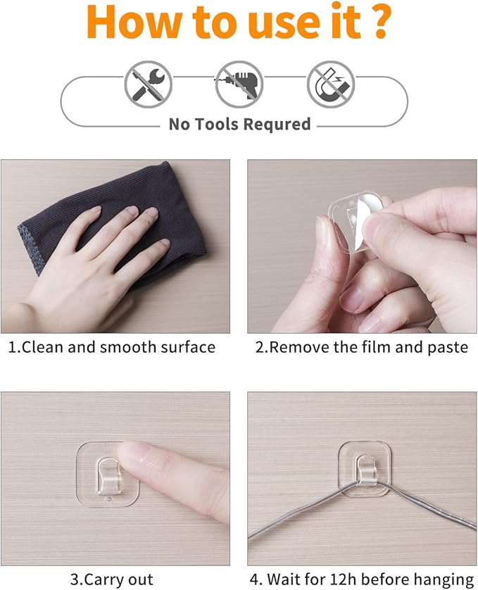 50 Mini Light Hooks with Adhesive Strips: Indoor Clear Small String Light Clips Damage Free - Plastic Wall Hook for Hanging - Fairy Tiny Christmas Light Cable Hangers Clip Decoration Decor