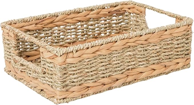 Water Hyacinth Storage Basket - Small Rustic Rectangle Woven basket Organizer with Handle for Home & Office Decor (Hyacinth&Seagrass)