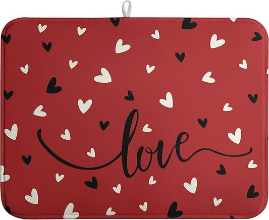 Valentine Dish Drying Mat for Kitchen Counter Valentines Day Red Black Love Heart Holiday Drying Mats Absorbent Microfiber Dish Draining Mat Extra Large Dish Rack Pad 18x24 Inch