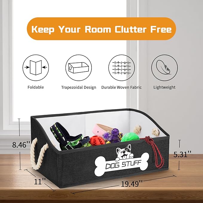 Collapsible Fabric Dog Toy Box and Storage Bin With Handle - Trapezoid Basket Chest Organizer for Pet Toys, Blankets and Accessories, Black