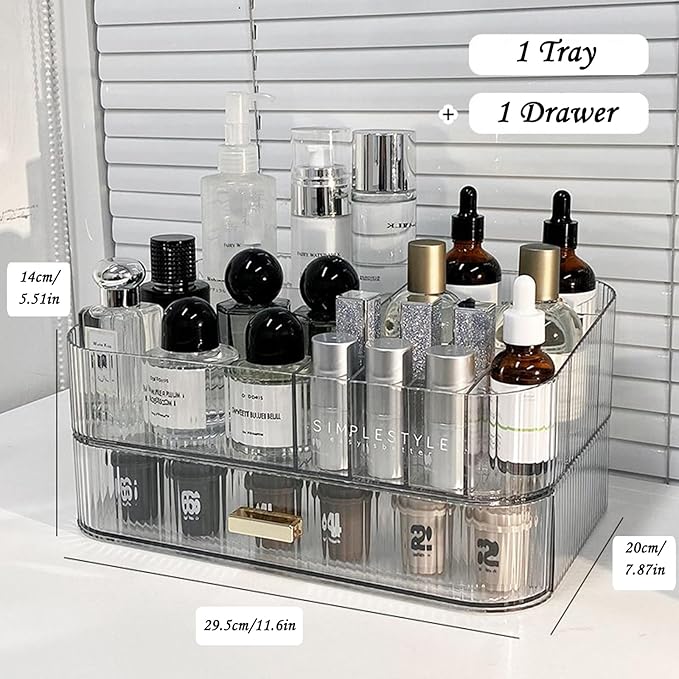 Makeup Organizer with Drawers, Stackable Cosmetics Organizer, Large Make Up Organizer Storage Box, Ideal for Bathroom Countertop and Desk (1 x Tray, Clear)