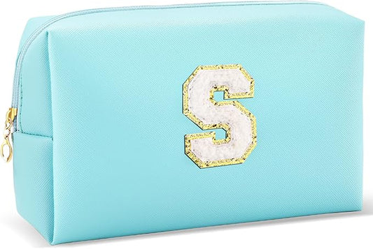 Gifts for Girls Initial Makeup Bag Personalized Cosmetic Bag with Zipper Cute Travel Toiletry Bag Waterproof PU Preppy Makeup Pouch Birthday Gift for Teen Girls Women(Blue S)