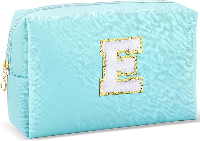 Gifts for Girls Initial Makeup Bag Personalized Cosmetic Bag with Zipper Cute Travel Toiletry Bag Waterproof PU Preppy Makeup Pouch Birthday Gift for Teen Girls Women(Blue E)