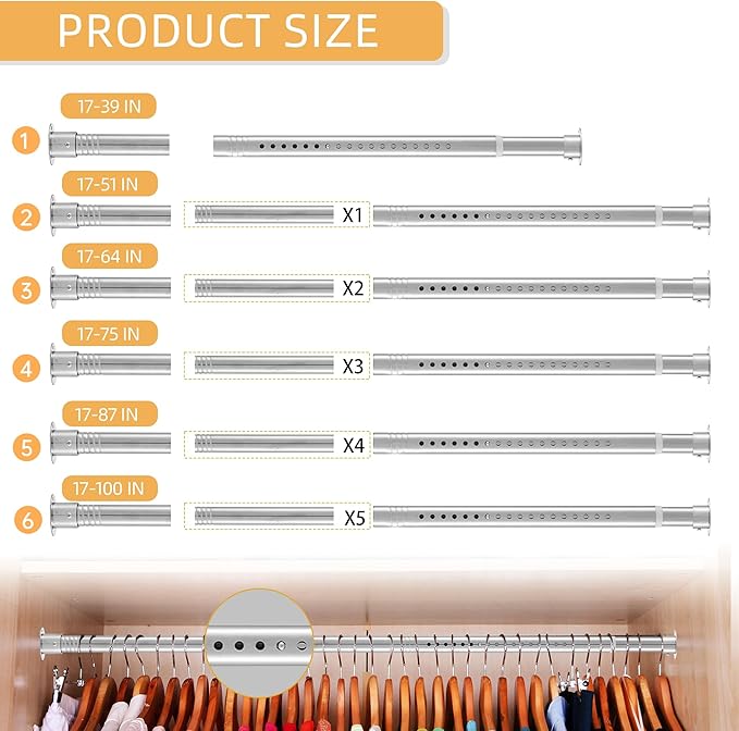 1.3 Inch Diameter Closet Rods for Hanging Clothes, 17-75 Inch Adjustable, Metal Heavy Duty Closet Pole, Silver Closet Bar for Hanging Clothes, Suitable for Closets, Wardrobes, Bathrooms, Windows