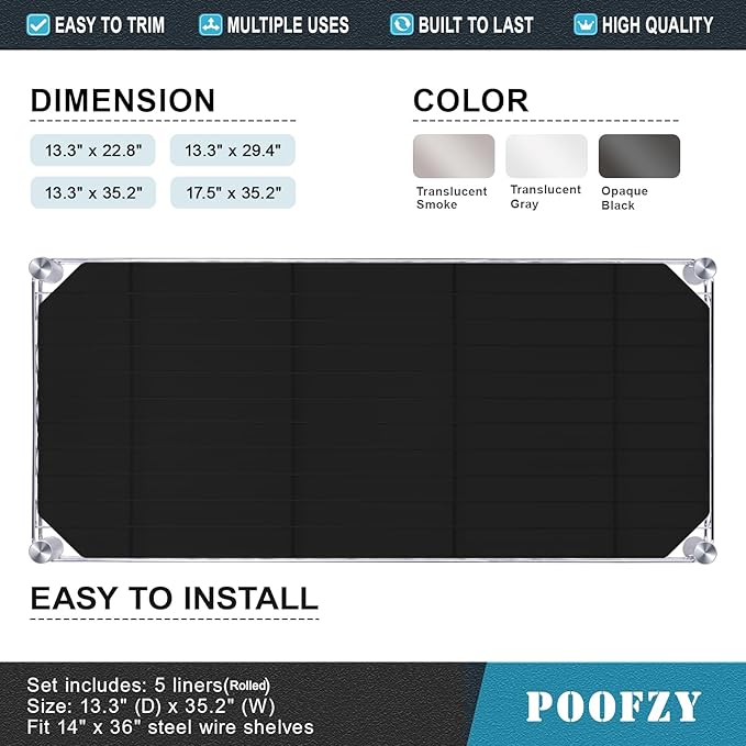 Poofzy Wire Shelf Liner 14" X 36", Non-Adhesive Plastic Shelf Liners for Wire Shelving, Waterproof Protector Mats (4PK, Black)