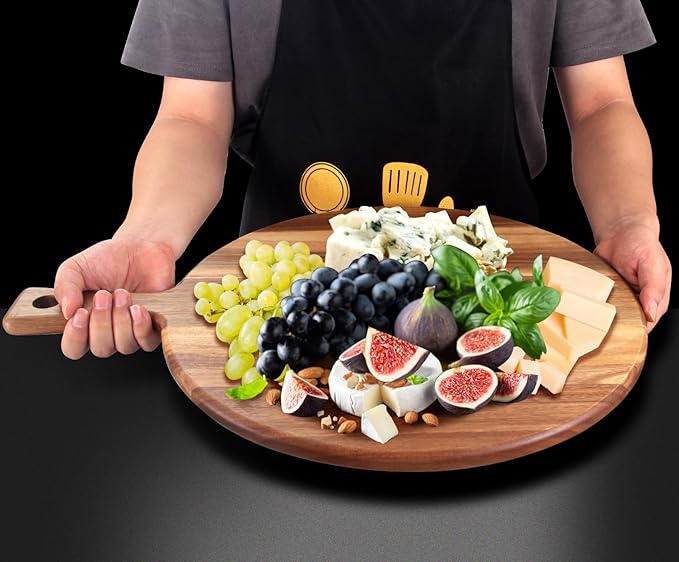 21"x16" XL Extra Large Acacia Wood Cutting Board with Handle Round Wooden Charcuterie Boards Meat Chopping Board Bread Serving Cheese Platter Big Pizza Cutting Boards for Kitchen Carving Butcher Board