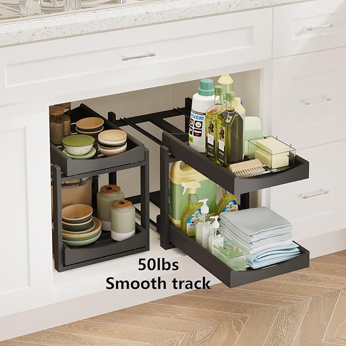 Wisuce Essentials Bamboo Under Sink Organizer Adjustable Height 2-Tier Bathroom Organizer Pull-Out Cabinet Storage Kitchen Heavy Duty Wood Slide Out Shelf for Kitchen Bathroom (Black, 2 Packs)
