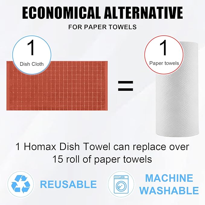 Homaxy 100% Cotton Terry Kitchen Towels(Rust, 13 x 28 inches), Checkered Designed, Soft and Super Absorbent Dish Towels, 6 Pack