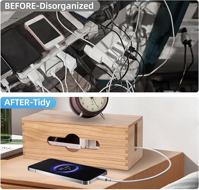 3-Piece Wooden Cable Management Box Kit: Wooden Cable Hider Storage Box Cord Organizer to Hide Cords & Wires for Desk Organization Protector Box for Home Office Kitchen Desk TV Computer Wires (S + M + L)