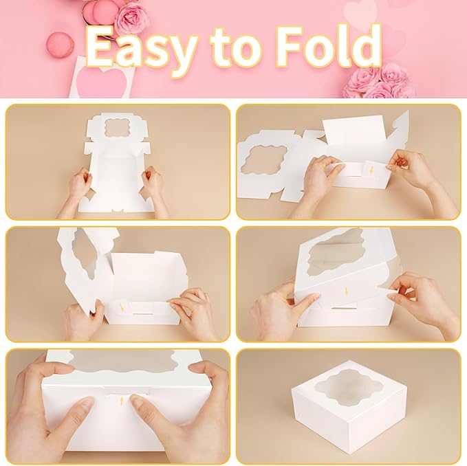 WINKIO 12 Pieces Cookie Boxes with Window, 6×6×3 Inches Treat Boxes for Bakery Dessert Pastry Mini Cake Favor Donut Baked Goods (White, with Stickers)
