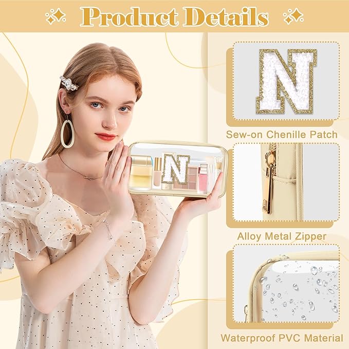 Personalized Initial Letter Clear Makeup Bag, Preppy Small Nylon & PVC Cosmetic Zipper Bag with Chenille Letter, Portable Beach Travel Skincare Toiletry Bag, Trendy Monogram Gift for Teen Girls Women, N