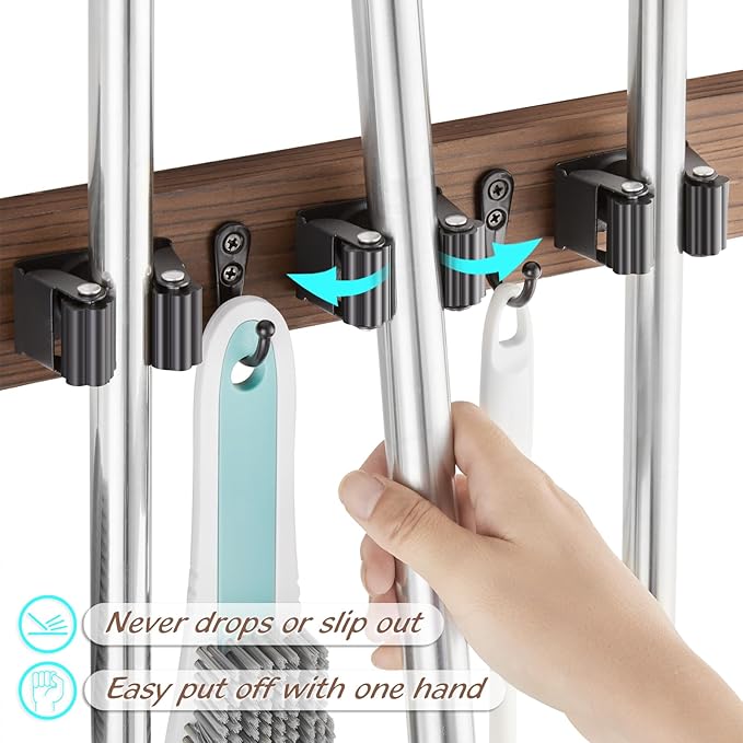 Mop and Broom Holder Wall Mount - Wooden Broom Mop Hanger - Wall Mounted Garden Tool Rack Organizer for Closet Garage Laundry Room for Rustic Kitchen Decor With 5 Slots & 4 Hooks