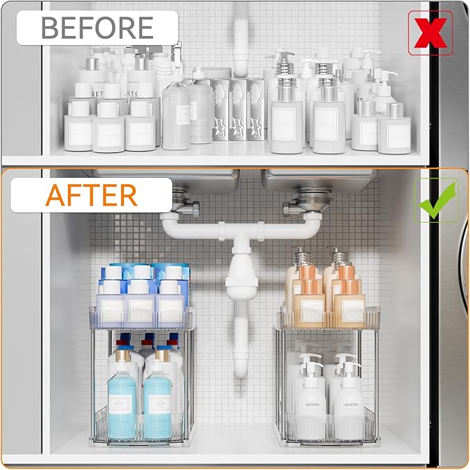 Yieach 2 Sets 2 Tier Pull Out Kitchen Under Sink Organizer and Clear Bathroom Undersink Organizers for Cleaning Products Storage,12.8 Inch Tall Sliding inder Cabinet Shelf,Under Counter Organization