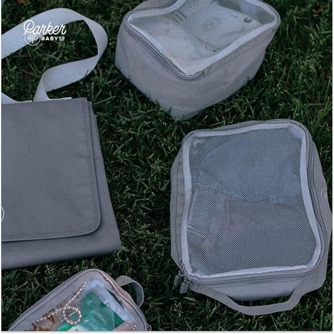 Parker Baby Co. Lightweight Packing Cube Set 3-Pack | Collapsible, Durable, Mesh & Clear Top | Travel Organizer for Diaper Bags, Luggage - Gray/Gray Buffalo